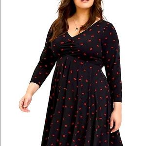 Torrid Black & Red Lips Studio Knit Above-the-Knee Long Sleeve Dress